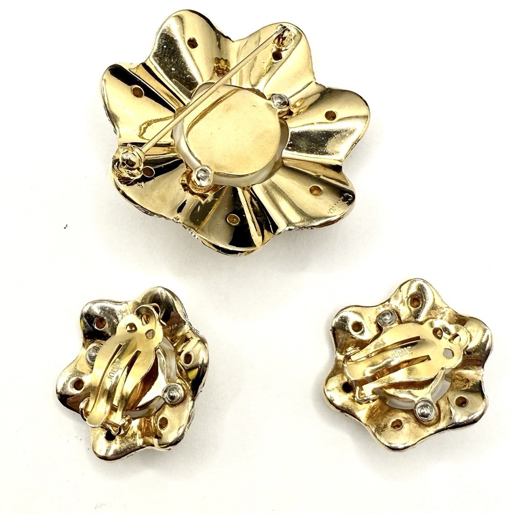 Rare Vintage Jomaz Brooch Earrings Set Gold Tone Crystal Faux Pearl Floral Clip - Picture 4 of 9